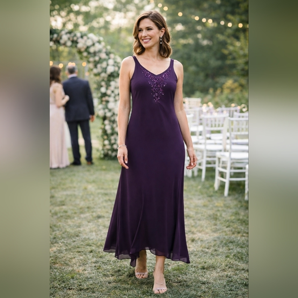 Coldwater Creek Formal Purple Beaded Midi Maxi Dress Size 10 Elegant Evening